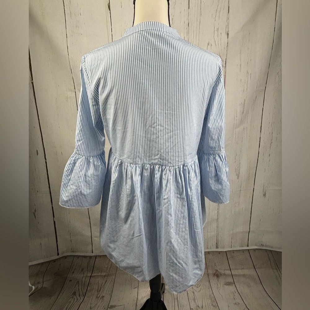 Koton Blouse Shirt Blue White Striped Flounce Sleeve Flared Bottom - Picture 5 of 10